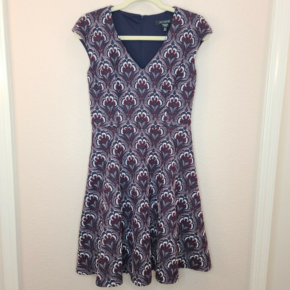 Adorne Dress Size 2 Womens Navy Burgundy Floral Embroidered Fit Flare Stretch